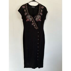 Vtg Carole Little Embroidered Knit Midi Dress 90s Whimsigoth Sequin Art to Wear
